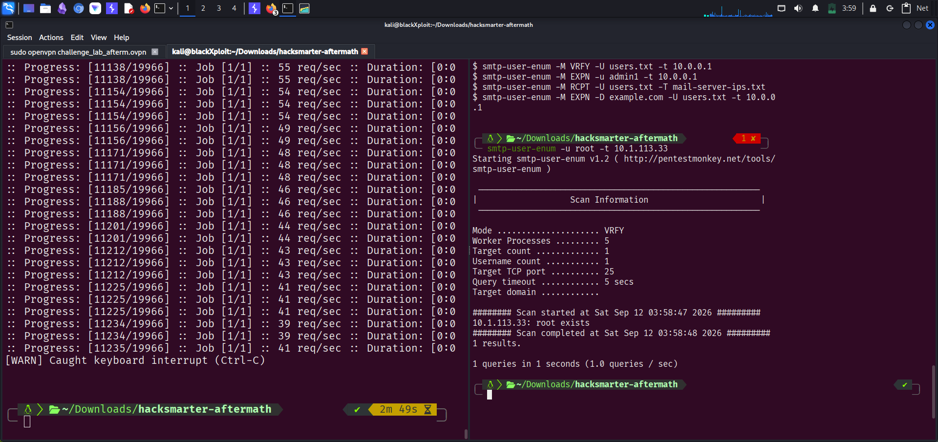 SMTP VRFY user enumeration showing root exists