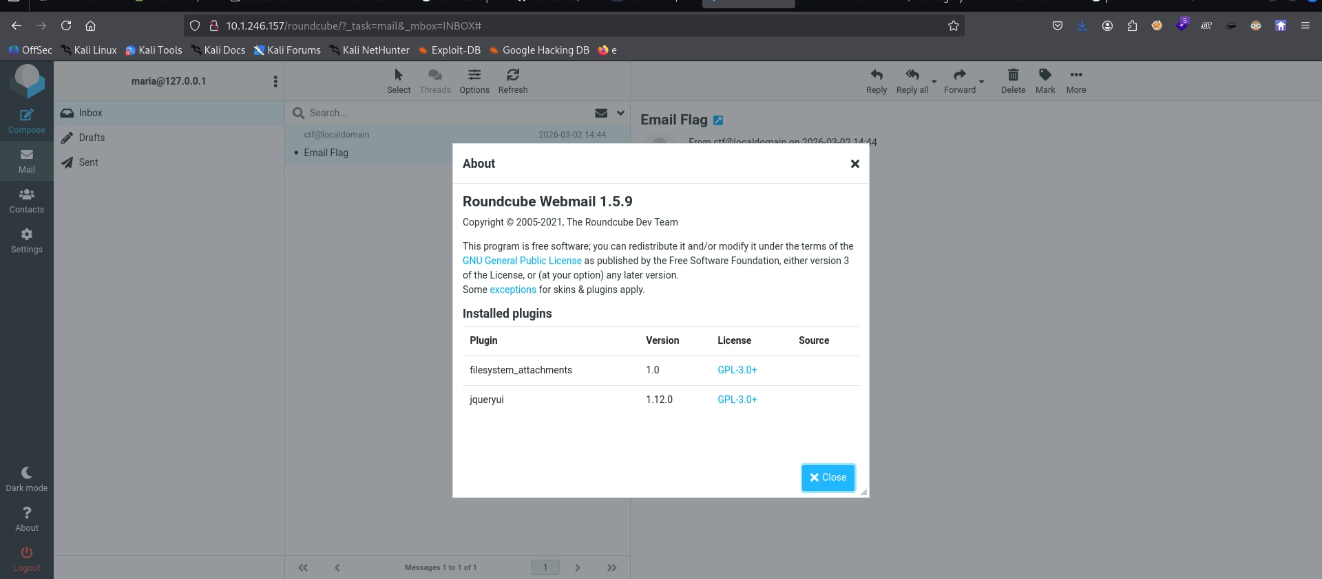 Roundcube mailbox with initial flag and version check