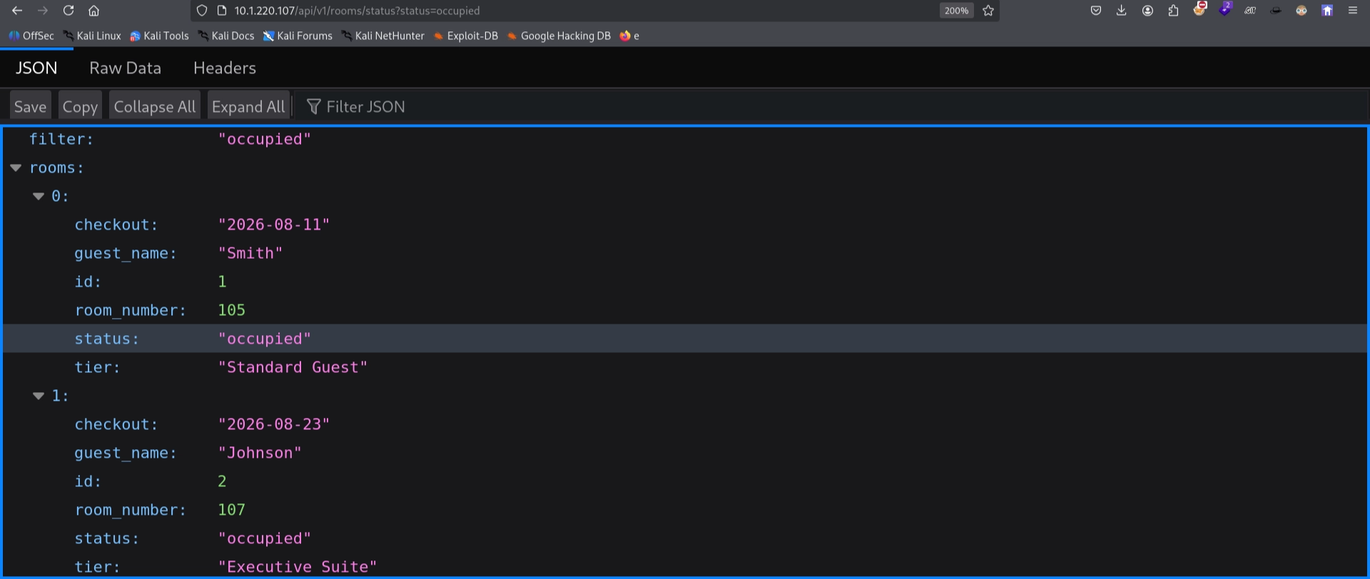 occupied rooms exposed via status API